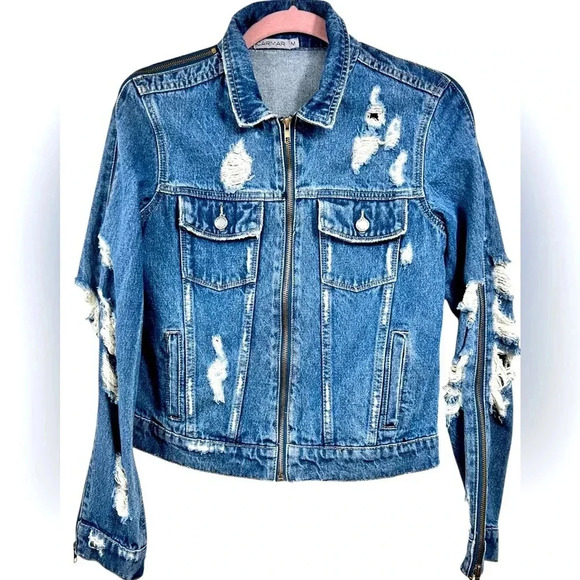 Carmar distressed jean jacket, Medium, Western Denim Rodeo Festival metal zipper - Picture 1 of 8